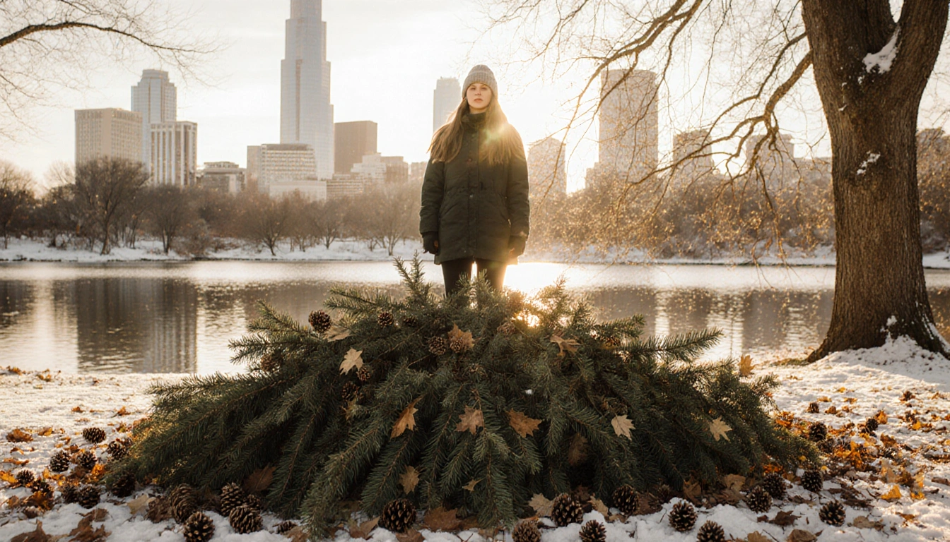 Woman standing among Christmas tree branches and pinecones with Austin skyline and Lady Bird reflecting in the background
