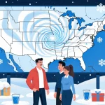 Three meteorologists studying a large Texas forecast board with swirling winter vortex and frosty glassware and winter props