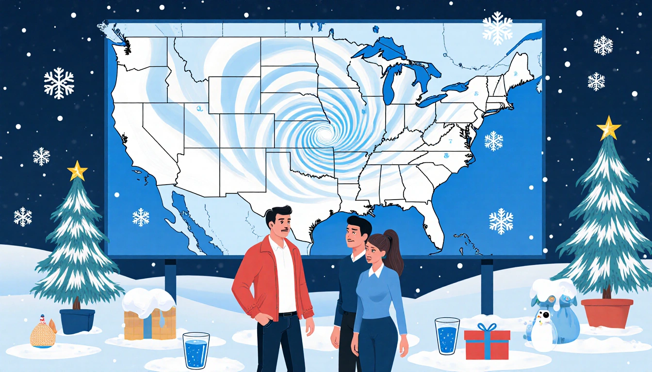 Three meteorologists studying a large Texas forecast board with swirling winter vortex and frosty glassware and winter props