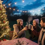 Austin residents laughing while sipping hot cocoa with festive tree and twinkling lights in winter wonderland
