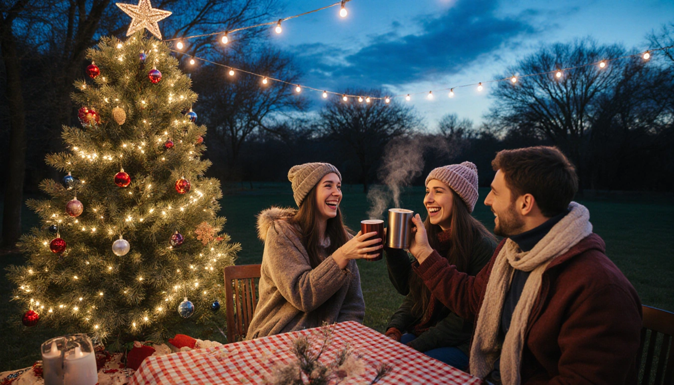 Austin residents laughing while sipping hot cocoa with festive tree and twinkling lights in winter wonderland