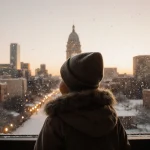 Child gazing out at sky with snowflakes falling around them near Texas state capitol building.
