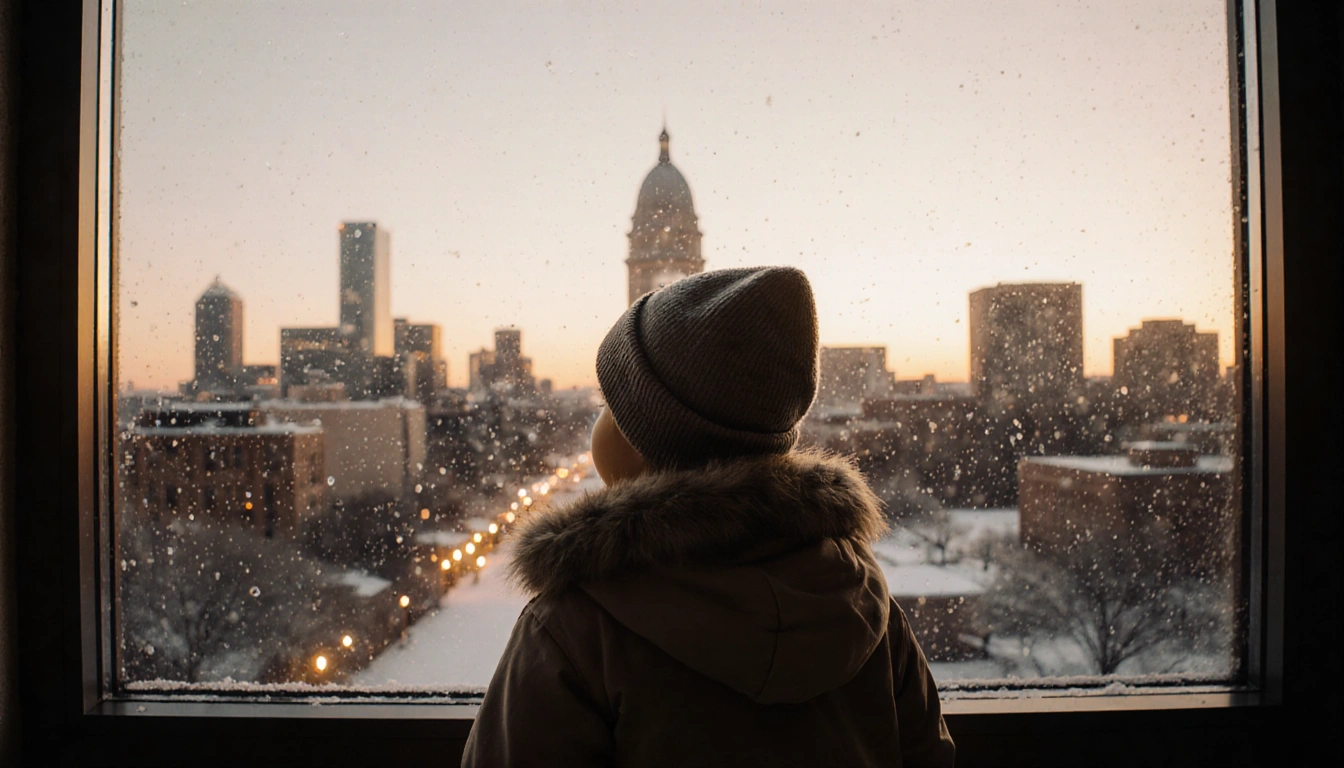 Child gazing out at sky with snowflakes falling around them near Texas state capitol building.