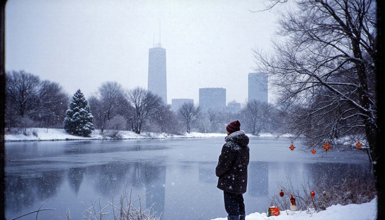 Figure standing beside a frozen lake with snowflakes falling in a winter scene and the Austin skyline in background