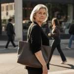 Woman doing a cautious glance with purse in hand near Austin cityscape.