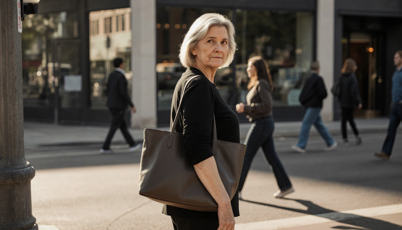 Woman doing a cautious glance with purse in hand near Austin cityscape.