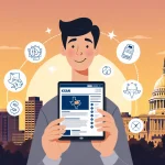 Young professional holding tablet with Austin website and tax deduction icons near sunset cityscape