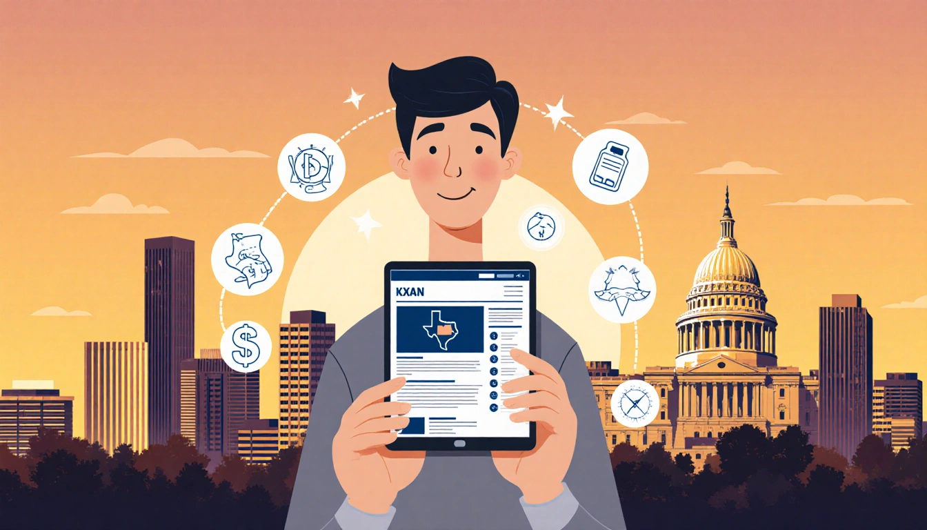 Young professional holding tablet with Austin website and tax deduction icons near sunset cityscape