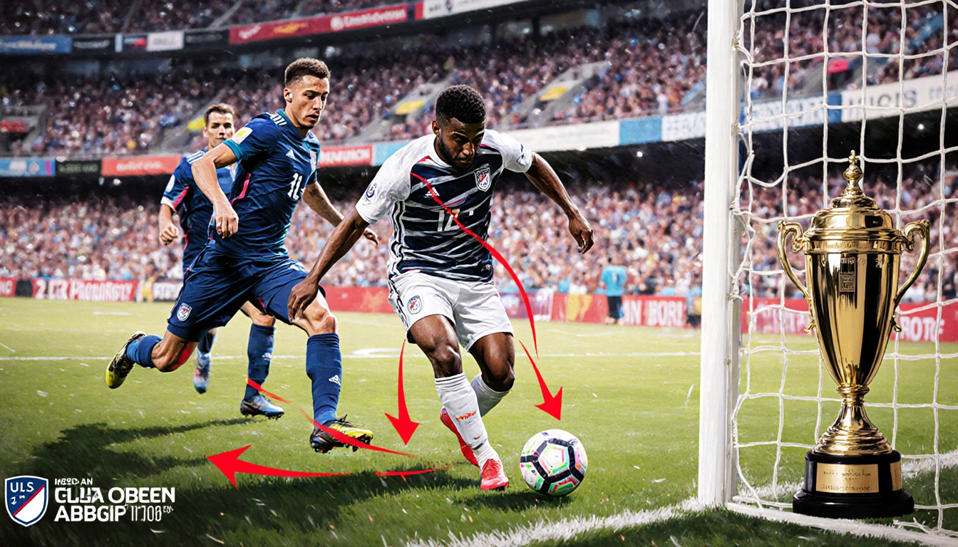 Osman Bukari shoots a ball with defenders closing in and arrows radiating from his feet in a bright MLS stadium background.