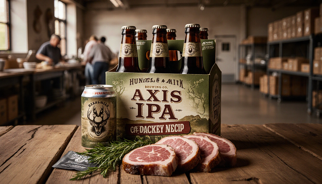 Axis IPA cans resting on rustic table with venison slices and herbs near a blurred food bank backdrop