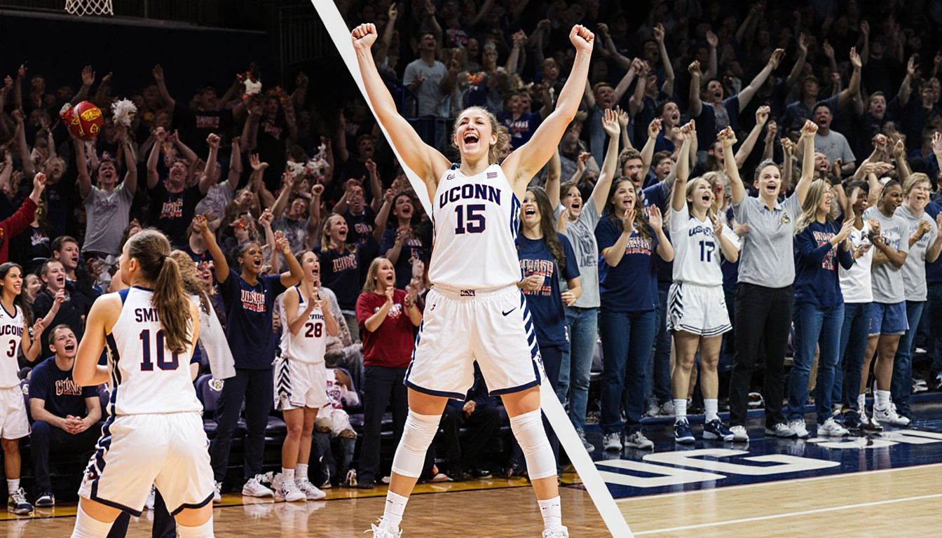 Azzi Fudd celebrates victoriously with UConn fans while Kennedy Smith looks dejected beside a few USC fans