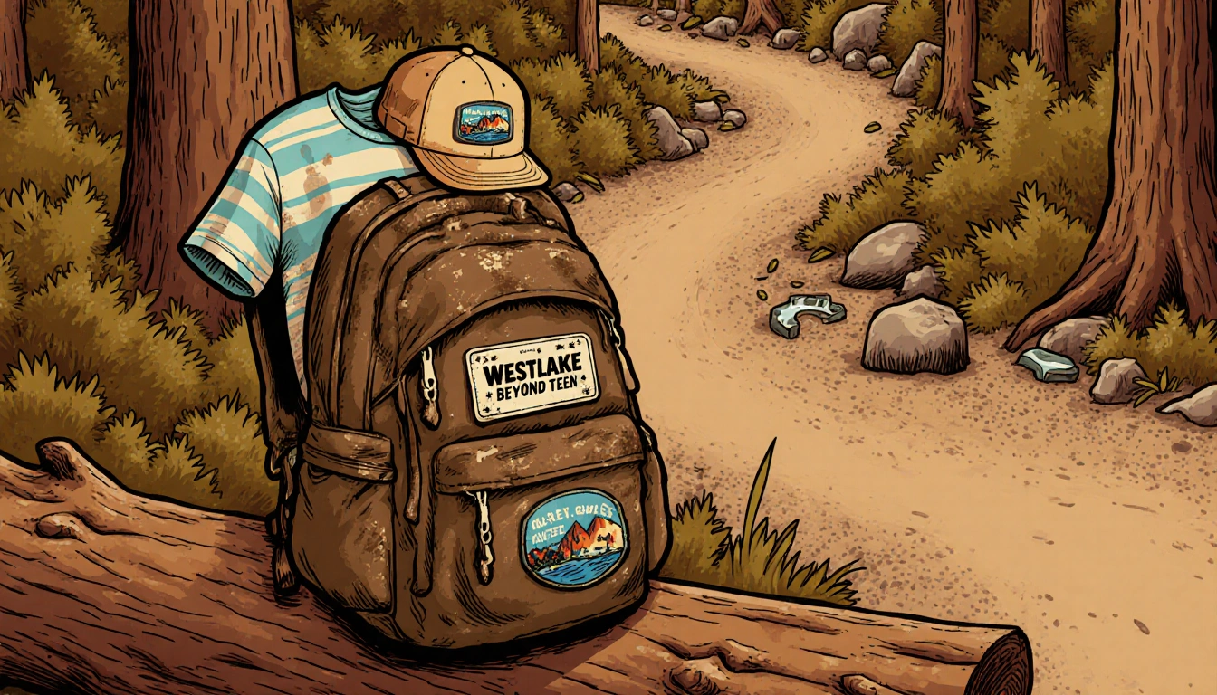 Worn backpack sits on log with faded Westlake teen patch and Beyond the Trails shirt and hat amid forest trail adventure