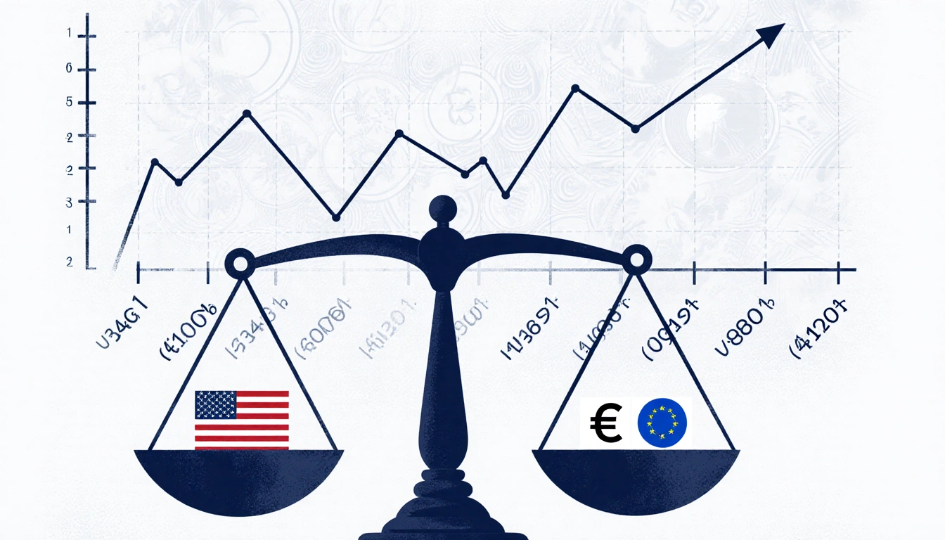 Balance scale balancing growth graph and inflation graph with trade agreement icon at center