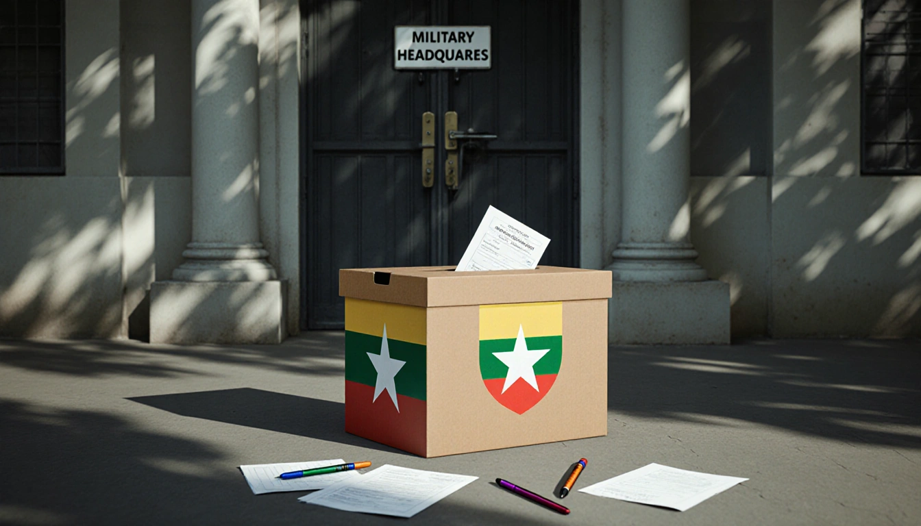 Ballot box standing before a locked military headquarters door with Myanmar flag and scattered papers and pens.