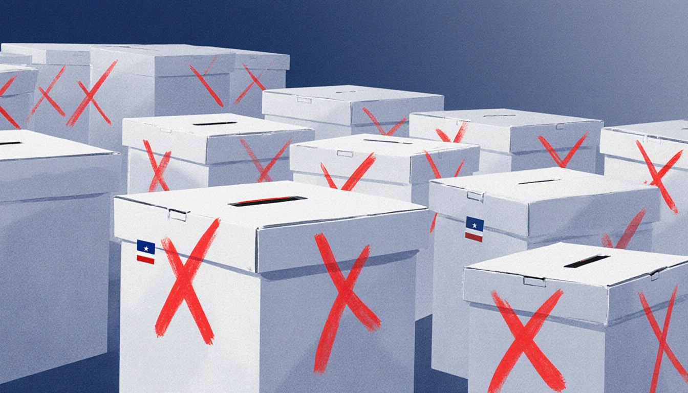 Ballot boxes marked with red X arranged in a grid with subtle Honduran flag pattern conveying scrutiny.