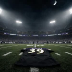 Lamar Jackson jersey lies on foggy field with stadium lights and disappointed Baltimore Ravens fans in background