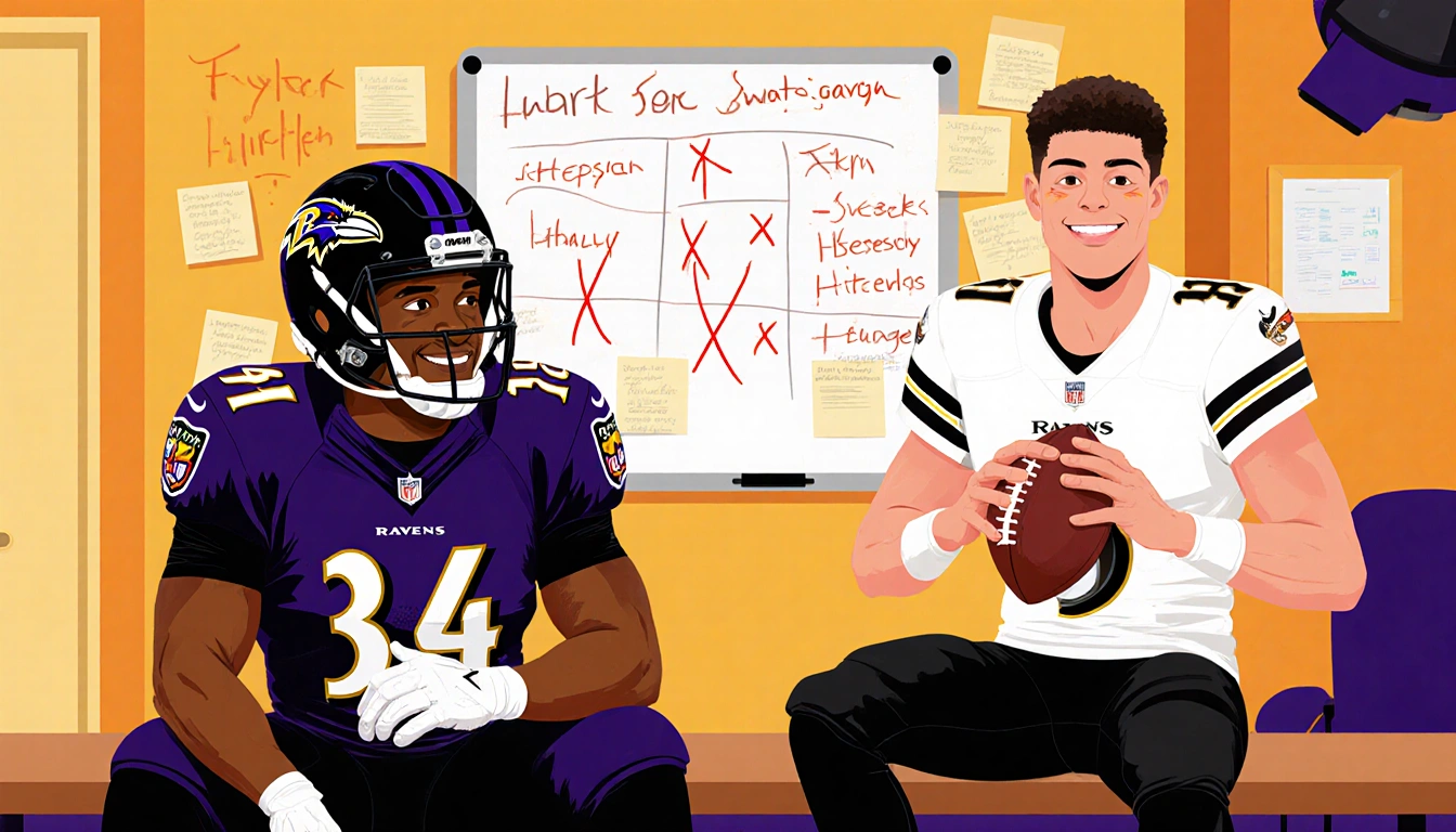 Lamar Jackson sits on bench with Baltimore Ravens jersey and helmet while Tyler Huntley smiles holding football near plan