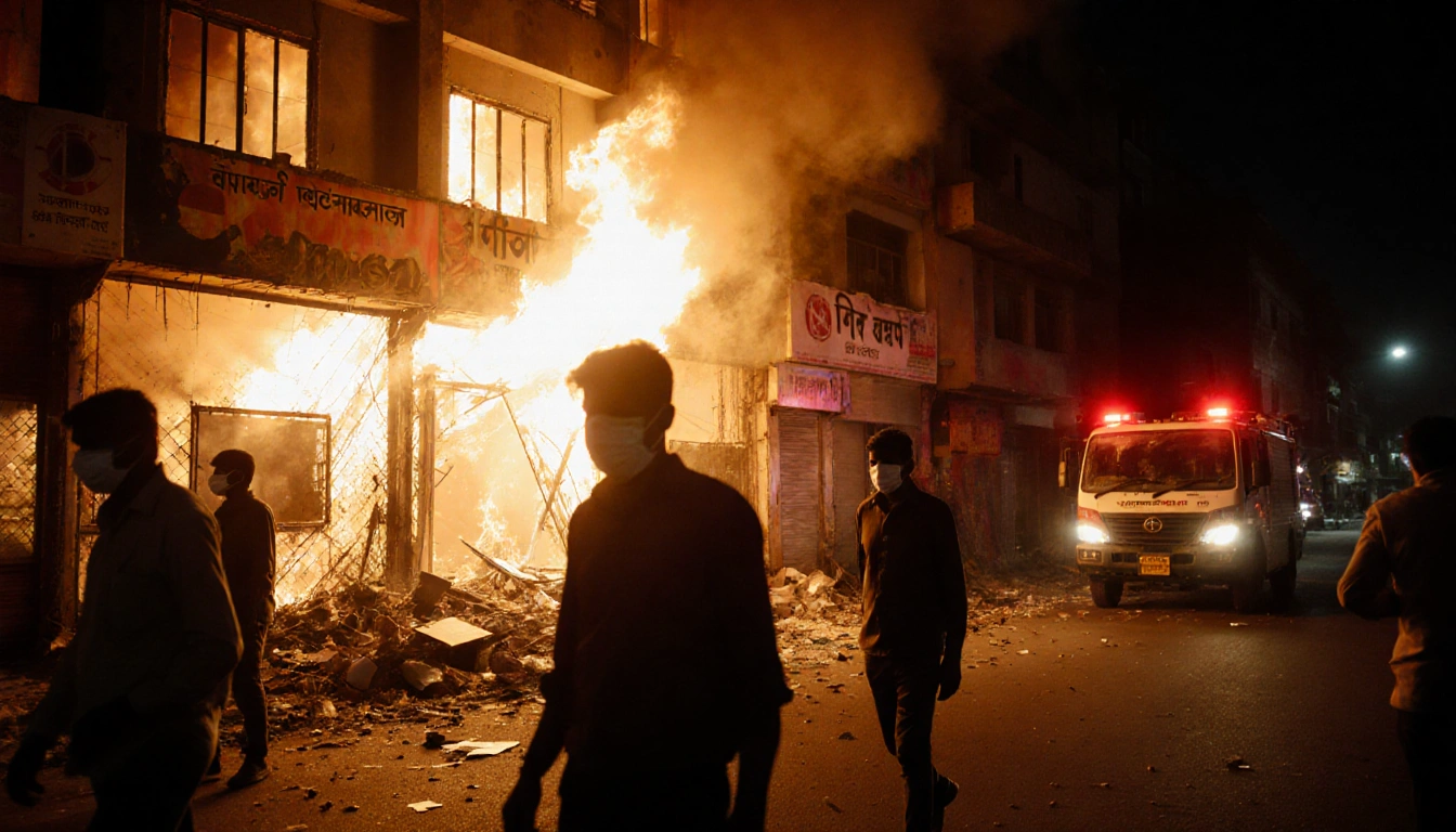 Protesters confront blazing Bangladeshi newspaper office with shattered windows and smoke at night.
