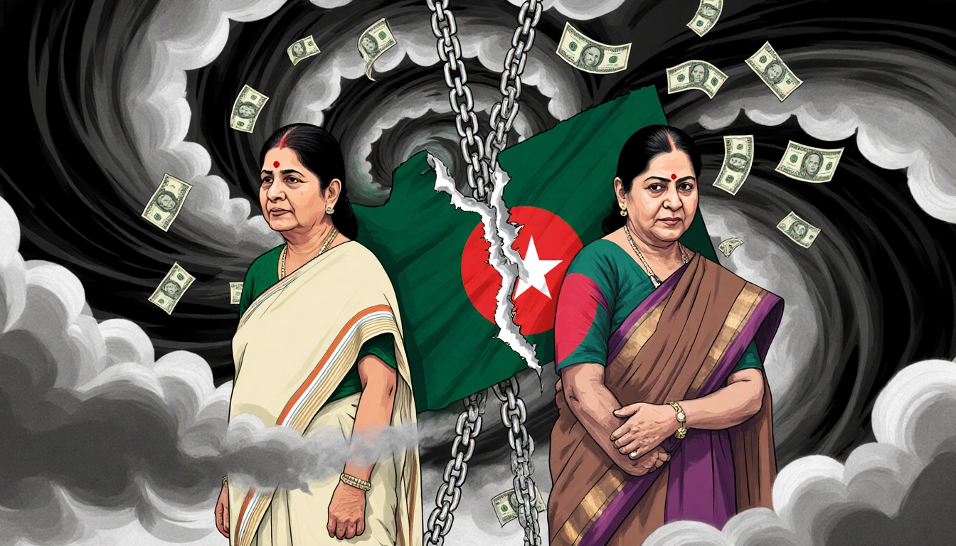 Sheikh Hasina and Khaleda Zia stand on a torn flag with turbulent political clouds and bills hinting corruption