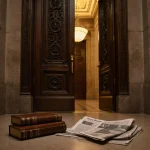 Door slightly ajar revealing bank chamber with golden light and scattered financial newspapers.