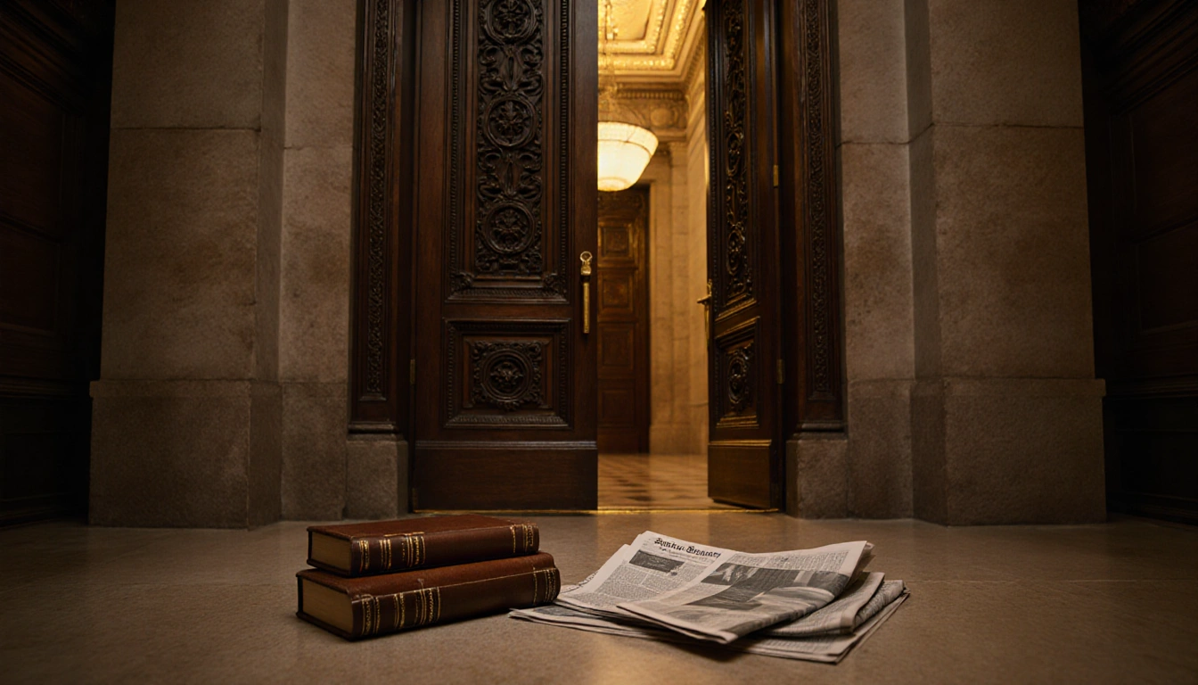 Door slightly ajar revealing bank chamber with golden light and scattered financial newspapers.