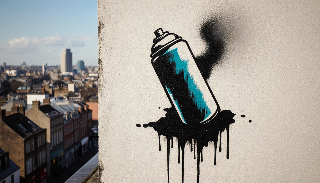 Banksy's spray-paint can tilting onto a Bristol wall with cityscape background and faint stencil outline