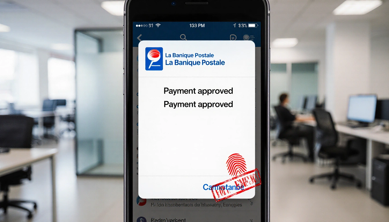 Mobile phone showing payment approval notification with red urgency stamp near blurred bank branches and fingerprint scanner