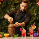 Bartender crafting jewel‑toned cocktails with ornate wooden shaker on marble counter amid lush greenery and golden glow.