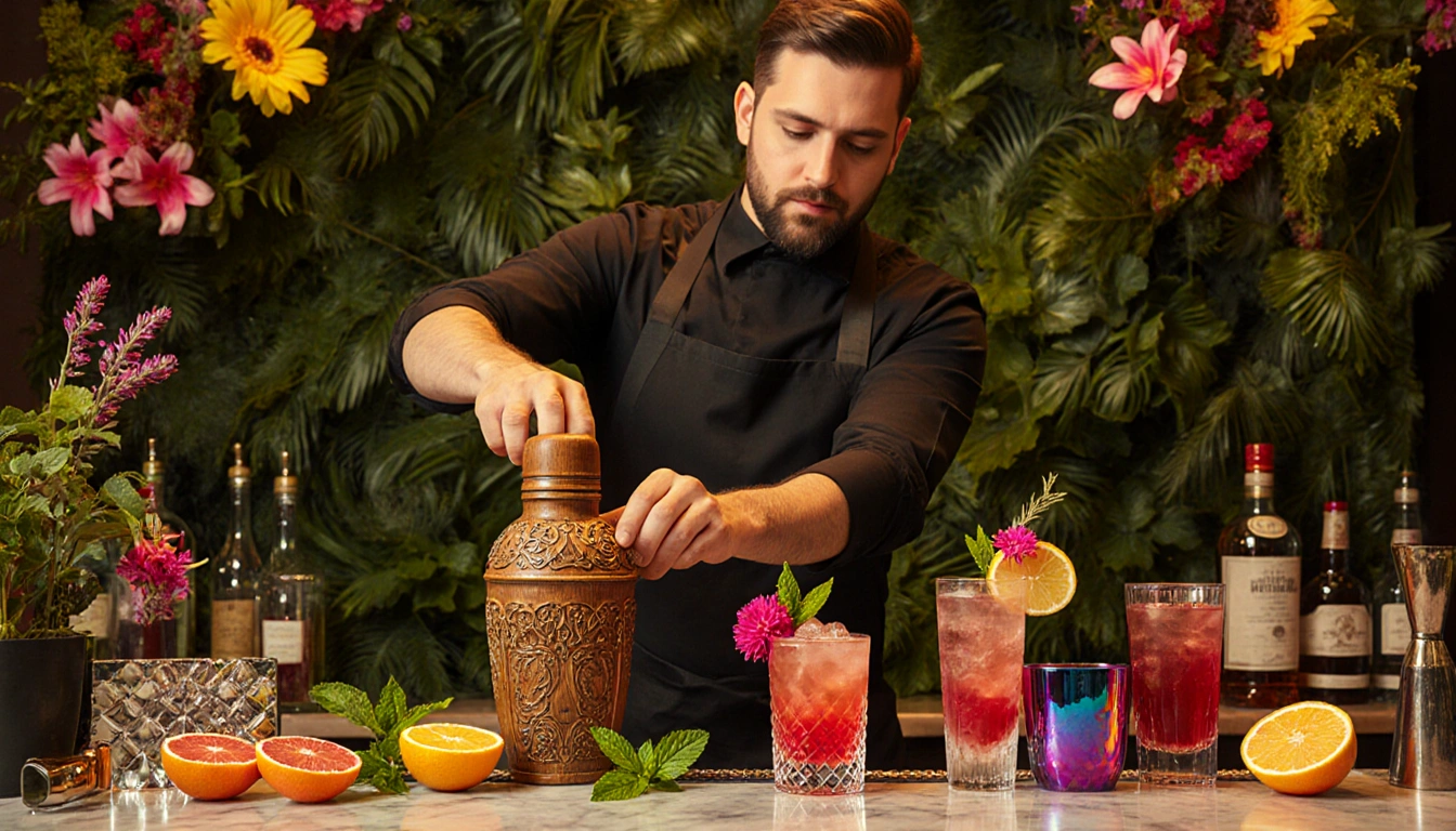 Bartender crafting jewel‑toned cocktails with ornate wooden shaker on marble counter amid lush greenery and golden glow.