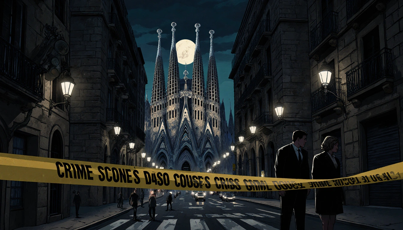 Milo Malart and Rebeca Garrido investigate crime scene tape with Gothic stone streets and Sagrada Família spires in the night
