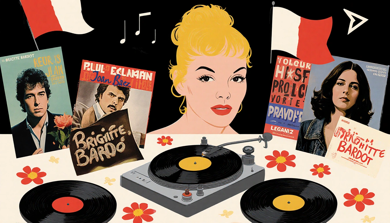 Record players spin vinyl with Dylan and Baez covers and flags Brigitte Bardot's face in background