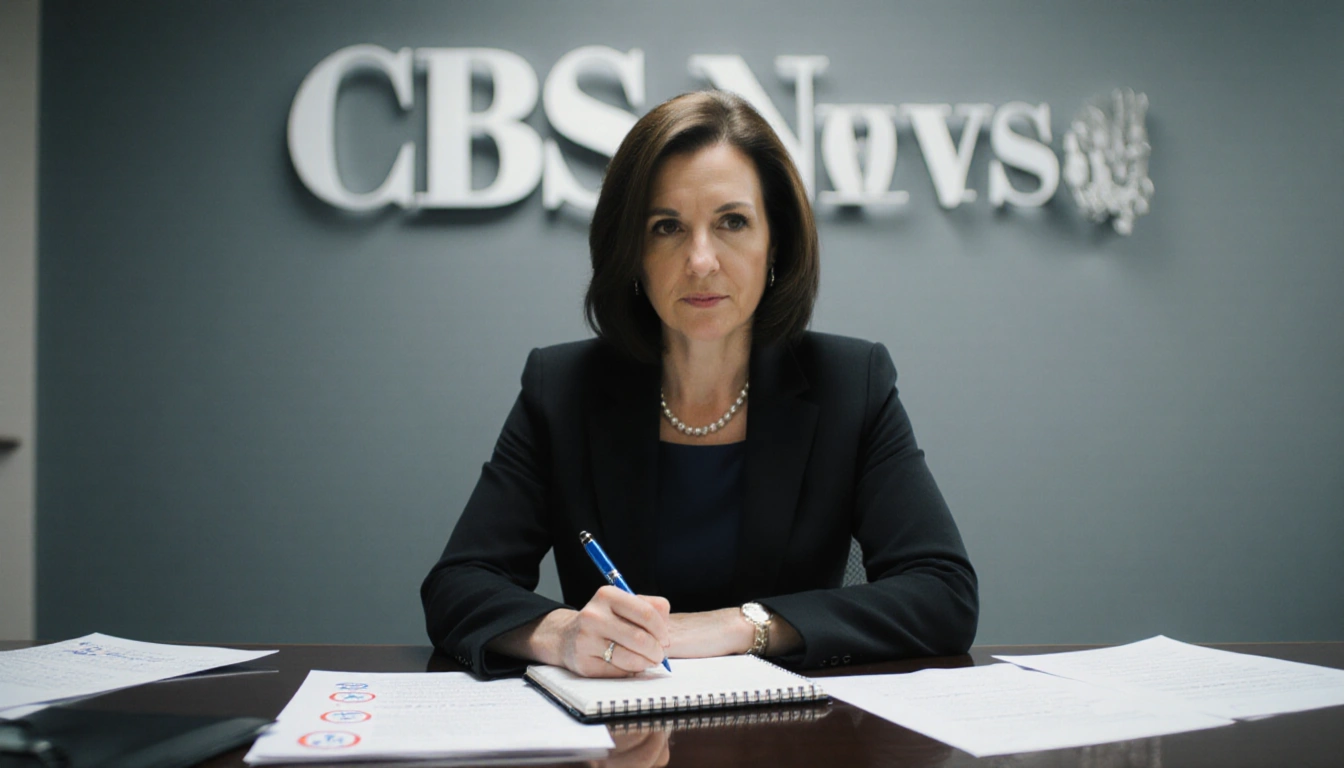 Bari Weiss sits at a desk with a notebook and pen and papers marked with edits while a blurred CBS News logo hangs behind her