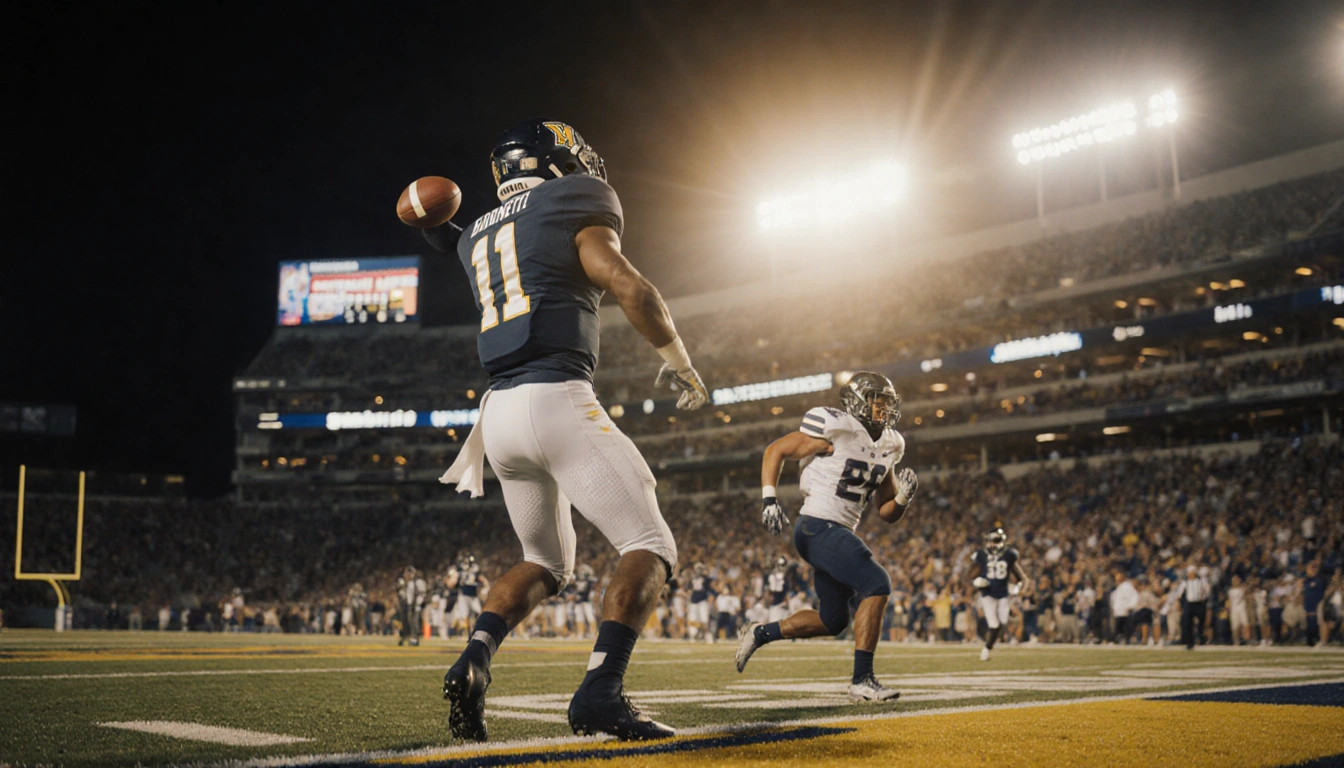 Alonza throws a touchdown pass with Nick sprinting toward the end zone and stadium lights glinting behind.