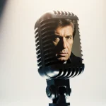 Barry Manilow singing with iconic microphone amid soft hospital blue backdrop