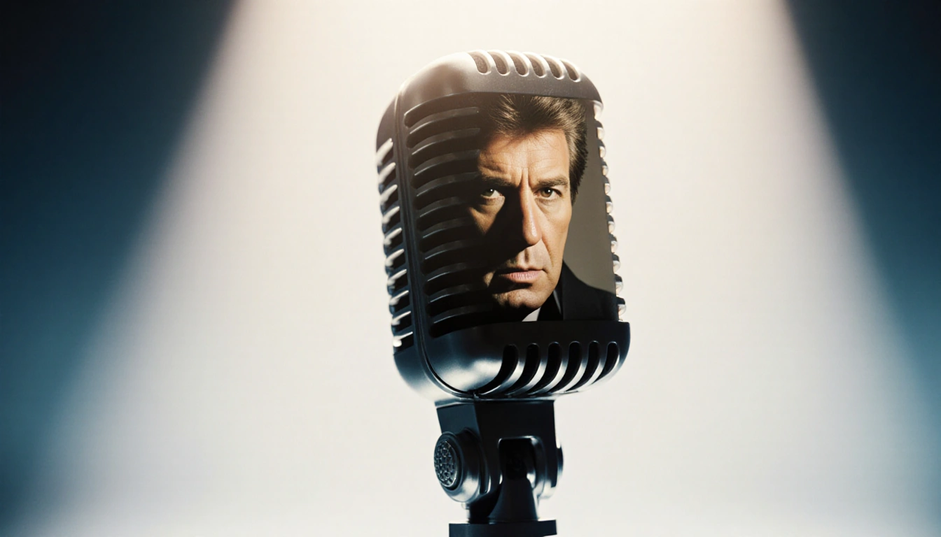 Barry Manilow singing with iconic microphone amid soft hospital blue backdrop