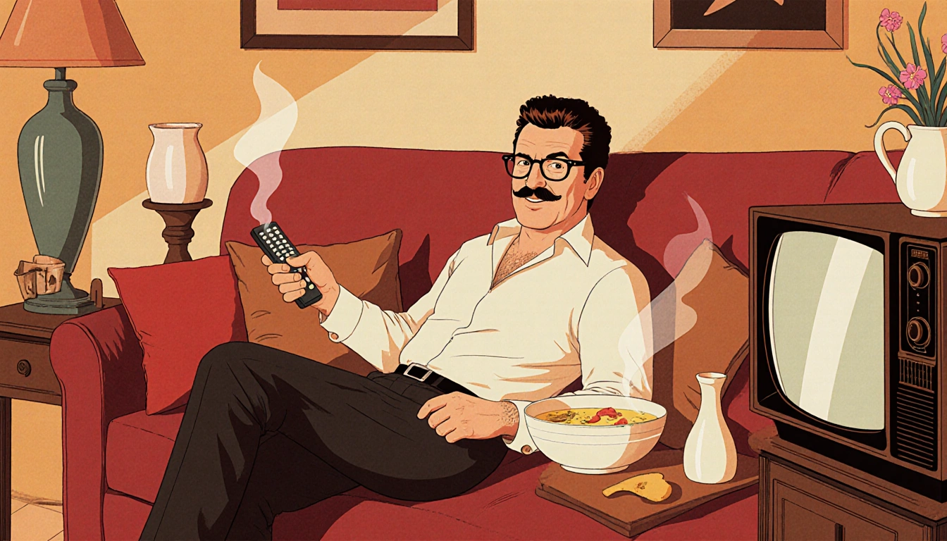 Barry Manilow sits on couch holding remote with steaming soup beside him and nostalgic TV sets in cozy living room.