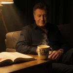 Barry Manilow sits in dim living room with open book about I Love Lucy and steaming soup bowl beside him