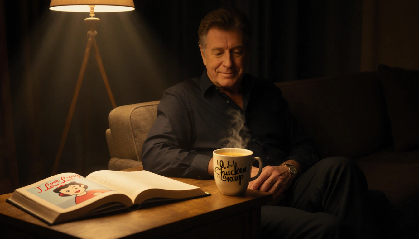 Barry Manilow sits in dim living room with open book about I Love Lucy and steaming soup bowl beside him