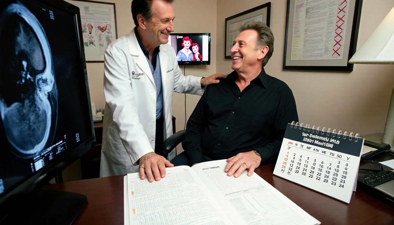 Barry Manilow sits in a doctor's office with chart and a calendar showing February concert dates while a TV plays I Love Lucy