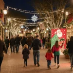 Shoppers stroll along holiday‑lit promenade with twinkling lights and colorful storefronts