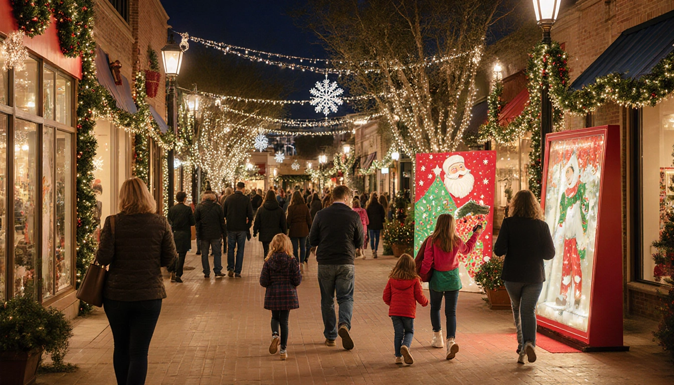 Shoppers stroll along holiday‑lit promenade with twinkling lights and colorful storefronts