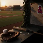Glove lies beside broken bat with memorial plaque in dusk stadium.