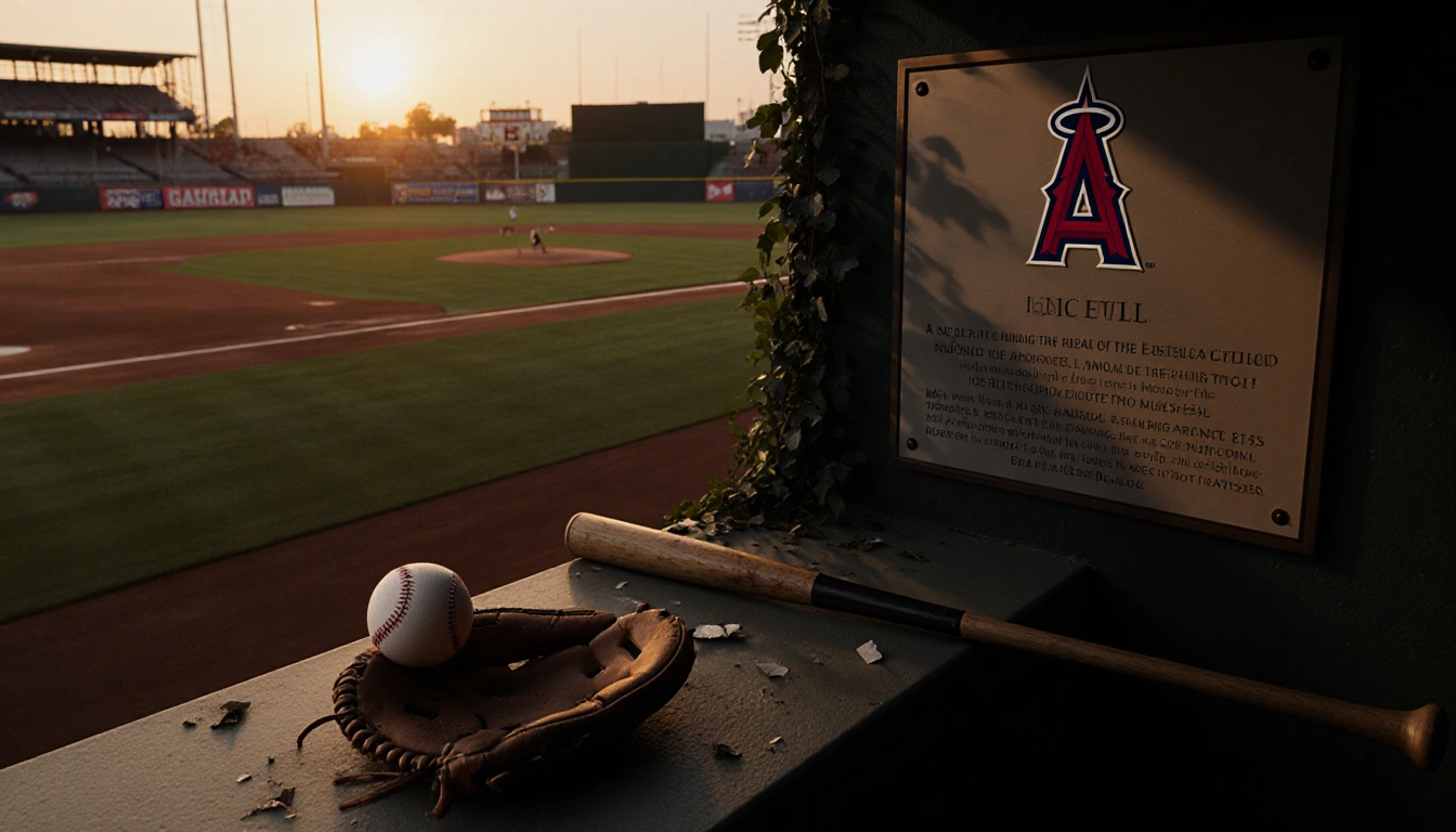 Glove lies beside broken bat with memorial plaque in dusk stadium.