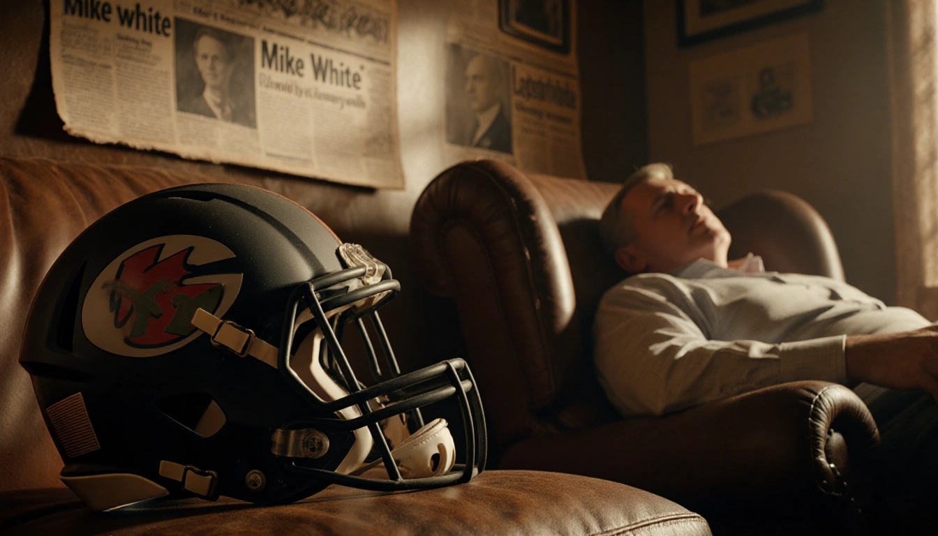 Coach Mike White resting on worn leather couch with a faint NFL team logo patch visible near dusty football memorabilia.