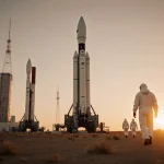 Engineers in hazmat suits walk towards large rocket with desert landscape and sunset glow behind facility.