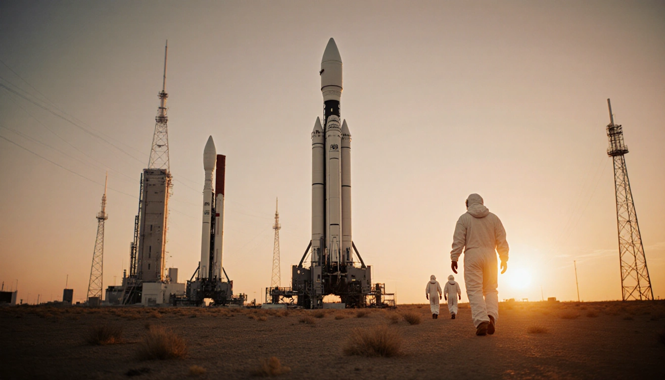 Engineers in hazmat suits walk towards large rocket with desert landscape and sunset glow behind facility.