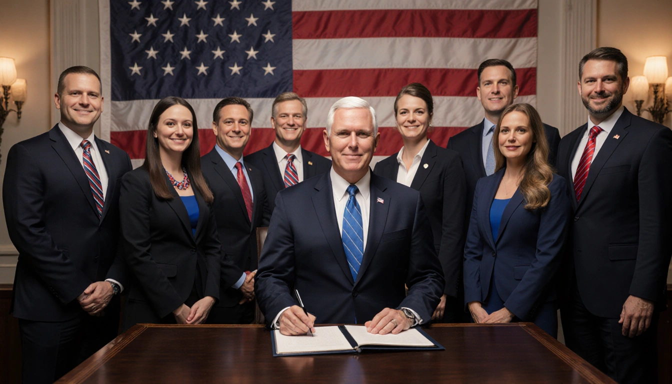 Heritage Foundation staffer stands confidently near Mike Pence with open book and American flag background.