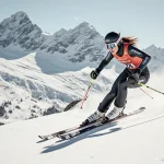 Julia Scheib skiing down a mountain with snow-capped peaks in background.