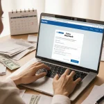 Bi-weekly worker sitting at desk with laptop open to online banking portal, typing with faint smile as they receive extra pay