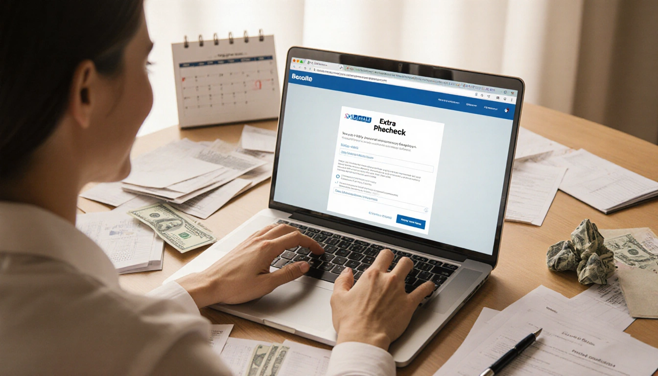 Bi-weekly worker sitting at desk with laptop open to online banking portal, typing with faint smile as they receive extra pay